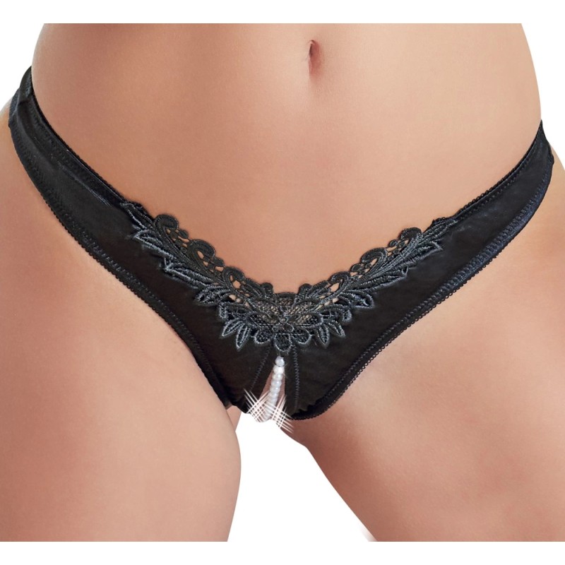 Cottelli LINGERIE - Seksowne Satynowe Majteczki Z Perełkami W Kroczu Czarne M